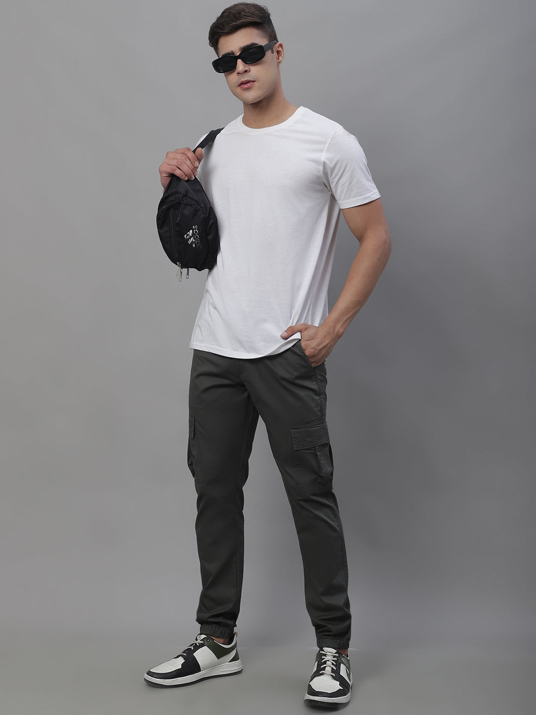 Jainish Men's Casual Cotton Solid Cargo Pants - Grey
