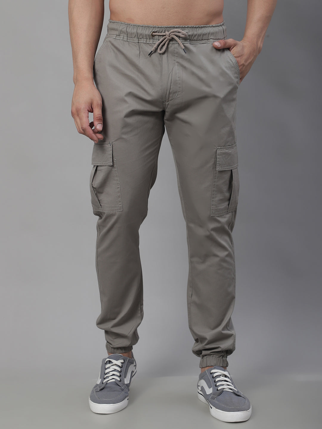 Jainish Men's Casual Cotton Solid Cargo Pants - Light-Grey