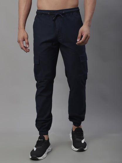 Jainish Men's Casual Cotton Solid Cargo Pants - Navy Blue