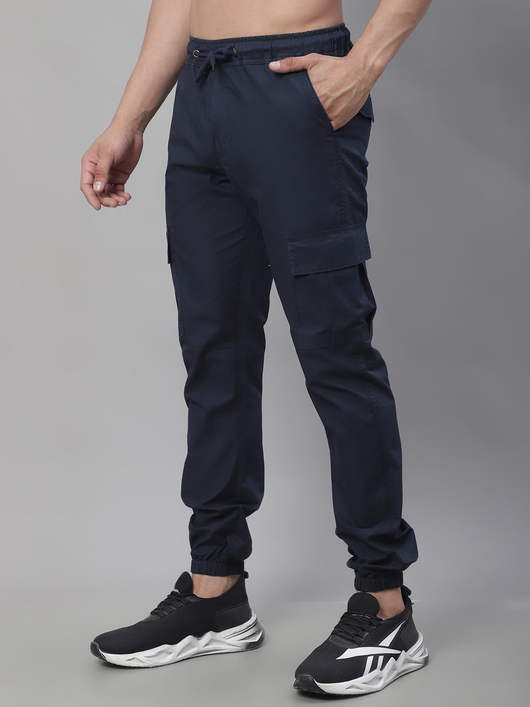 Jainish Men's Casual Cotton Solid Cargo Pants - Navy Blue