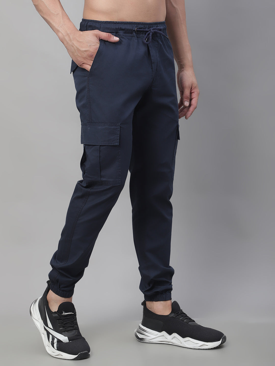 Jainish Men's Casual Cotton Solid Cargo Pants - Navy Blue