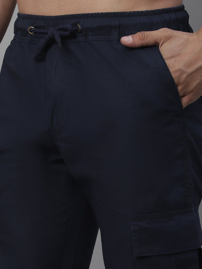 Jainish Men's Casual Cotton Solid Cargo Pants - Navy Blue