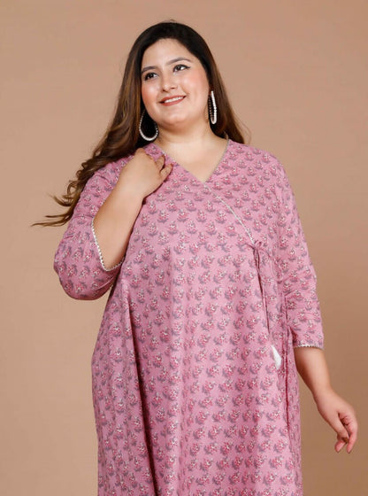 Miravan Women's Plus Size Pink Floral Printed Cotton Anarkali Kurta With Dupatta