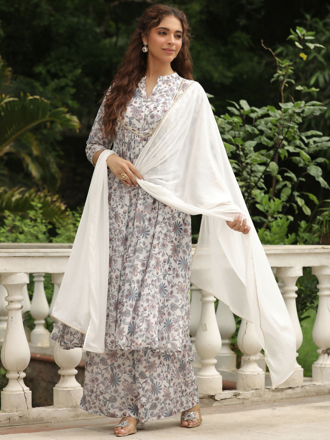 Janasya White Georgette Floral Kurta,Bottom & Dupatta