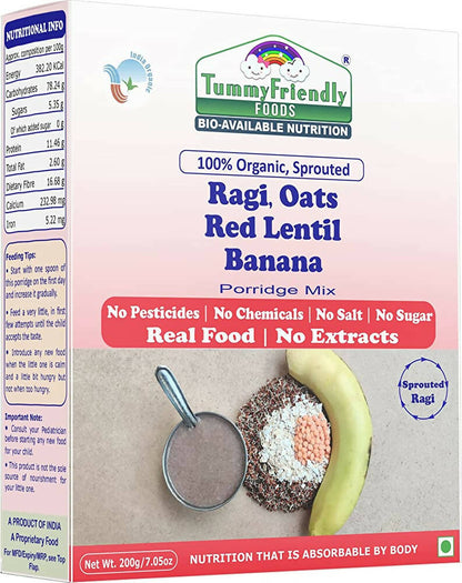 TummyFriendly Foods Organic Sprouted Ragi, Oats, Red Lentil, Banana Porridge Mix