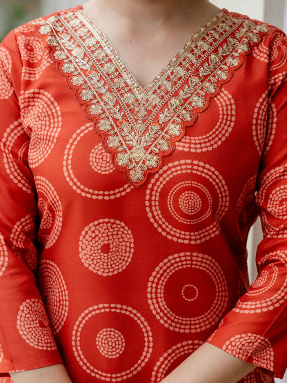 The52 Orange Women's Gorgeous Rayon Embroidered Straight Kurta with Pant And Dupatta Set