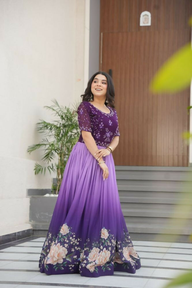 Vastranavya Purple Faux Blooming With Beads Embroidered work and Rich Floral Pedding Digital Print Gown