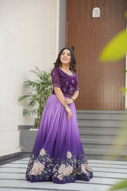 Vastranavya Purple Faux Blooming With Beads Embroidered work and Rich Floral Pedding Digital Print Gown