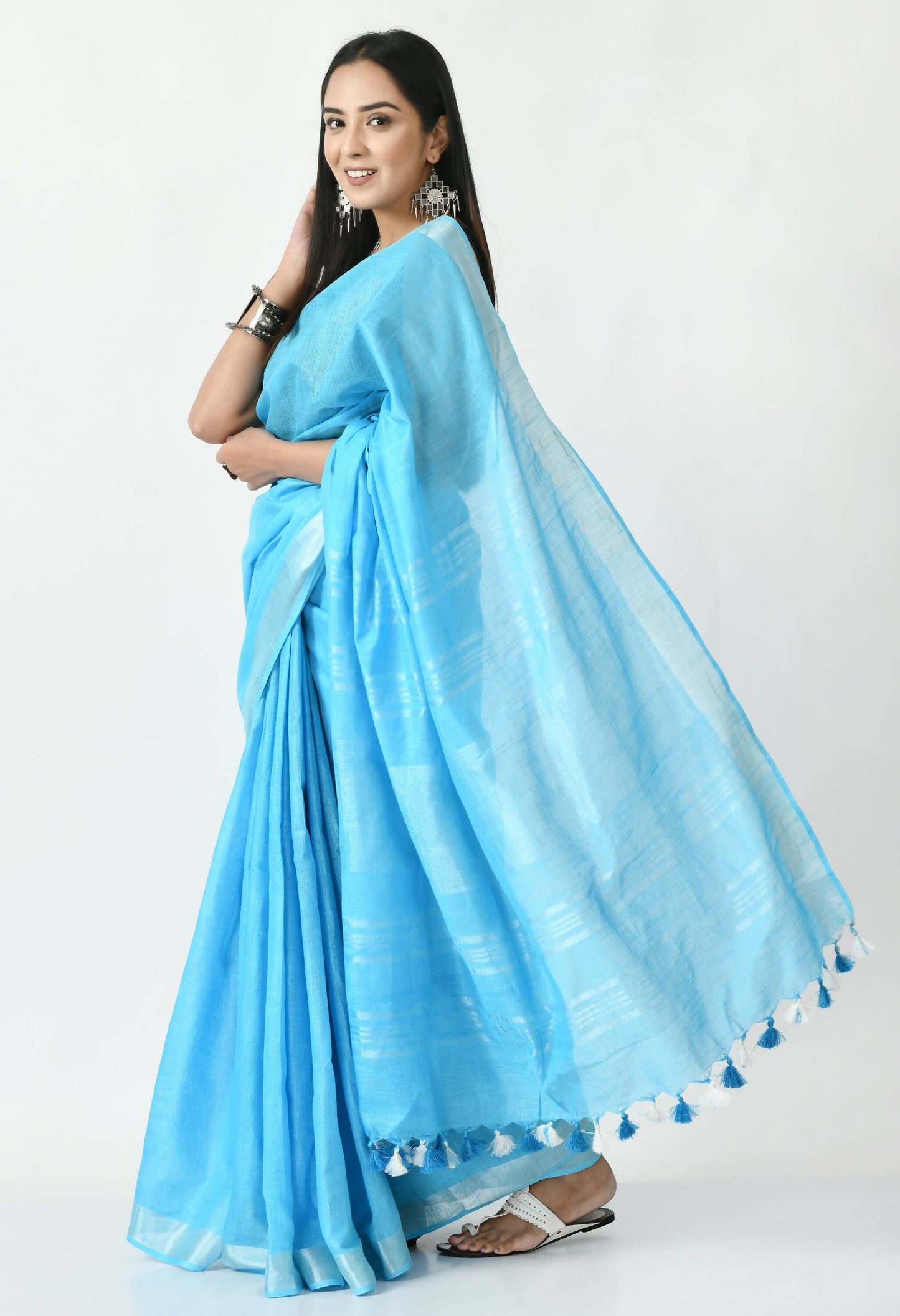 Mominos Fashion Moeza Sky Blue Bhagalpuri Handloom Silk Linen Saree with unstitched Blouse piece