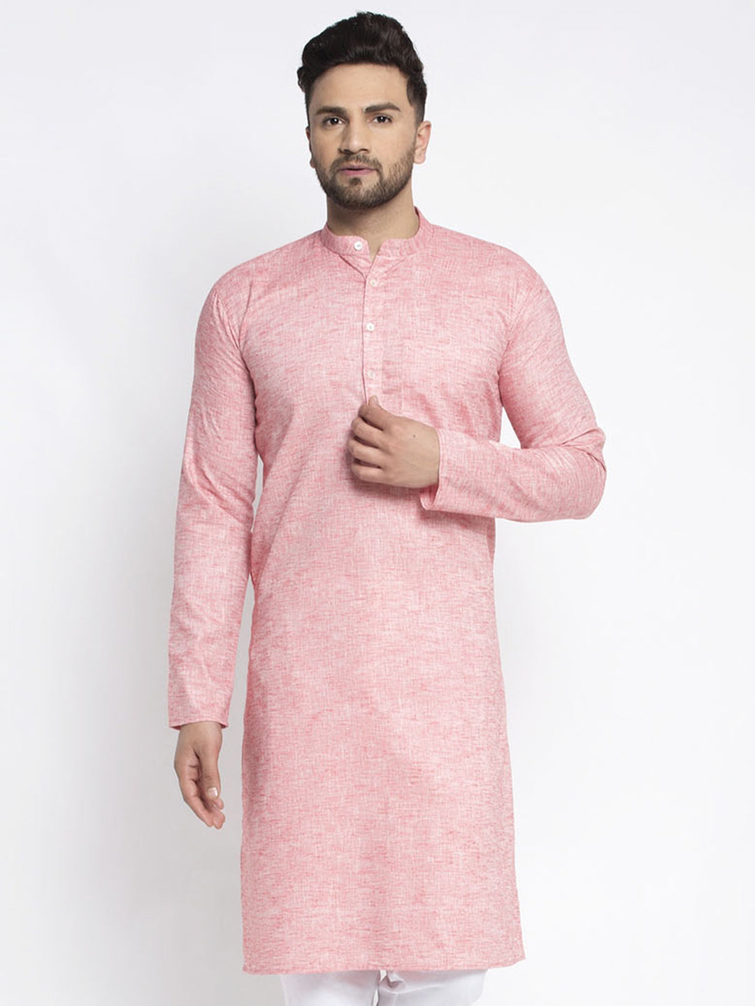 Jompers Men White & Pink Self Design Kurta Only