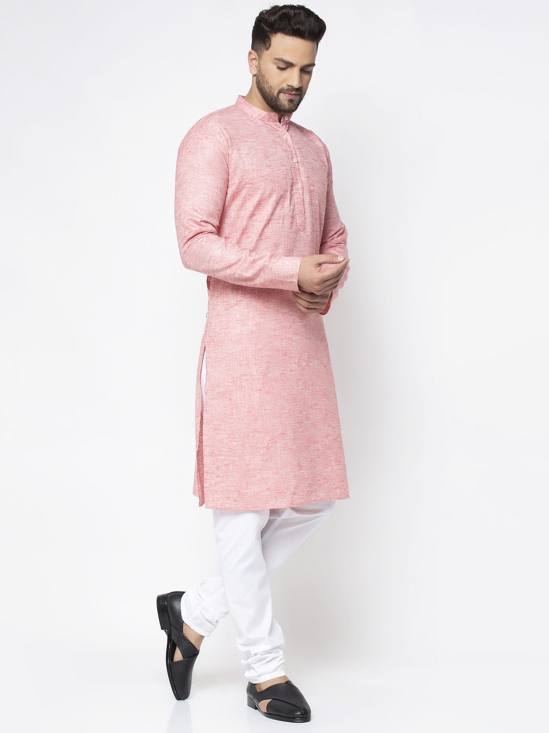 Jompers Men White & Pink Self Design Kurta Only