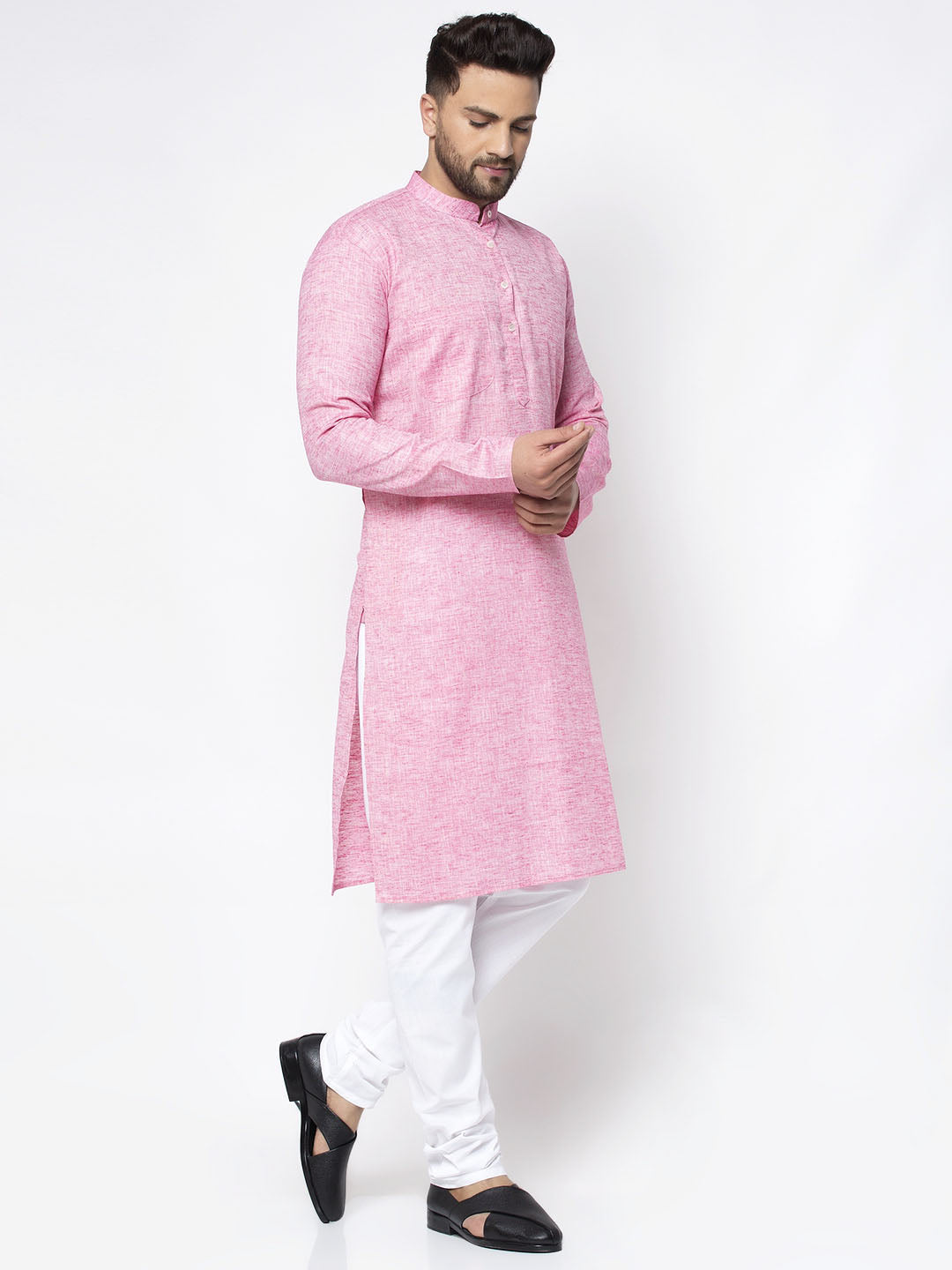 Jompers Men Pink & White Self Design Kurta Only