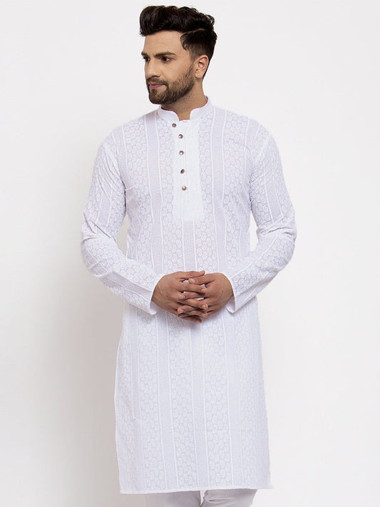 Jompers Men White Embroidered Kurta Only