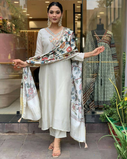 The52 Off White Women's Gorgeous Embroidered Viscose Chanderi Fabric Straight Kurta Pant with Dupatta Set