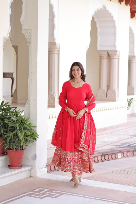 Lehenga Mart Designer Anarkali Suit Ready To Wear Kurta Pant With Dupatta For Women-Red