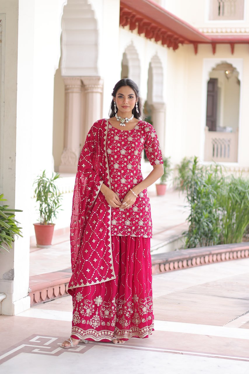 Lehenga Mart Premium Readymade Kurti Sharara With Dupatta Set For Women-Pink