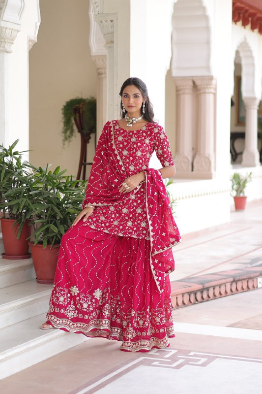 Lehenga Mart Premium Readymade Kurti Sharara With Dupatta Set For Women-Pink