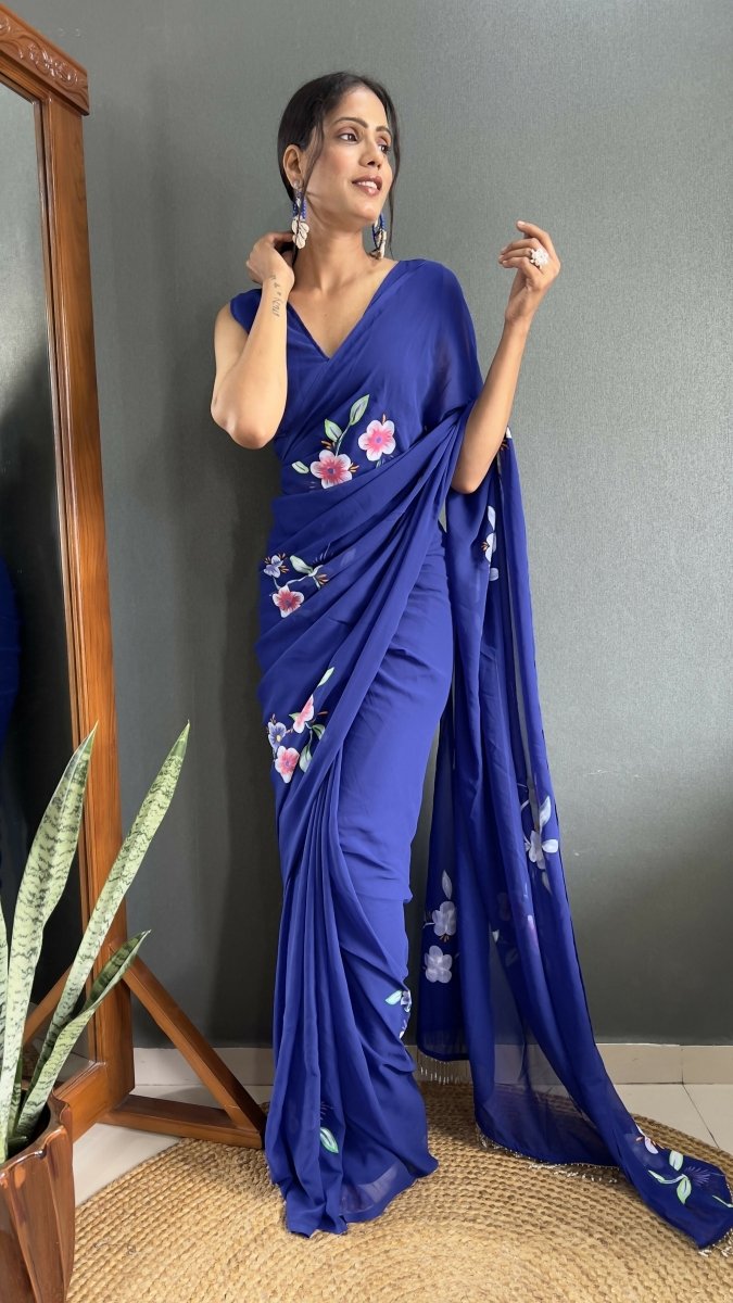Aayaa Designer 1 min Hand Painted Ready to Wear saree - Navy Blue
