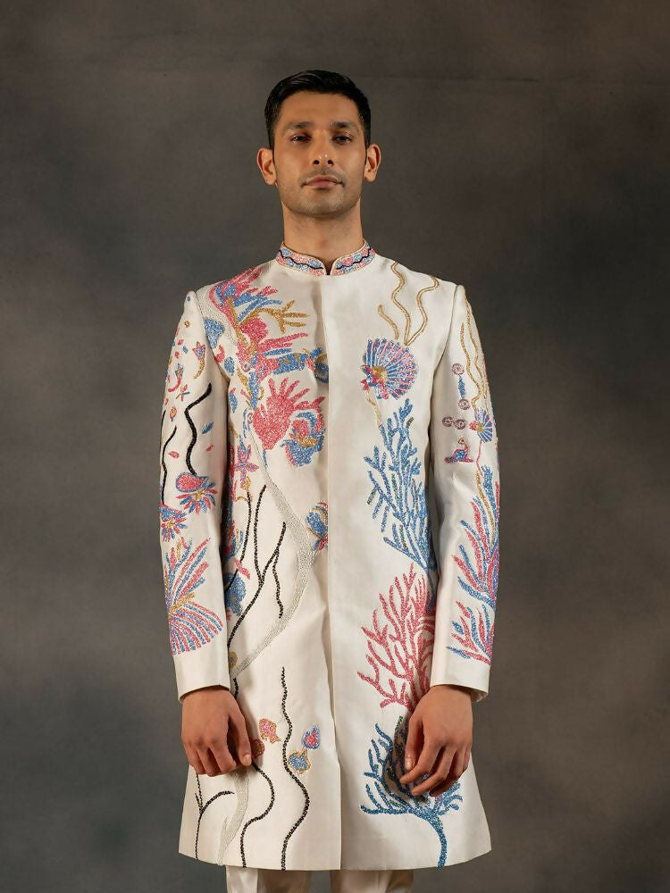 Off White Aqua Hand Embroideried Indowestern Sherwani by Hilo Design