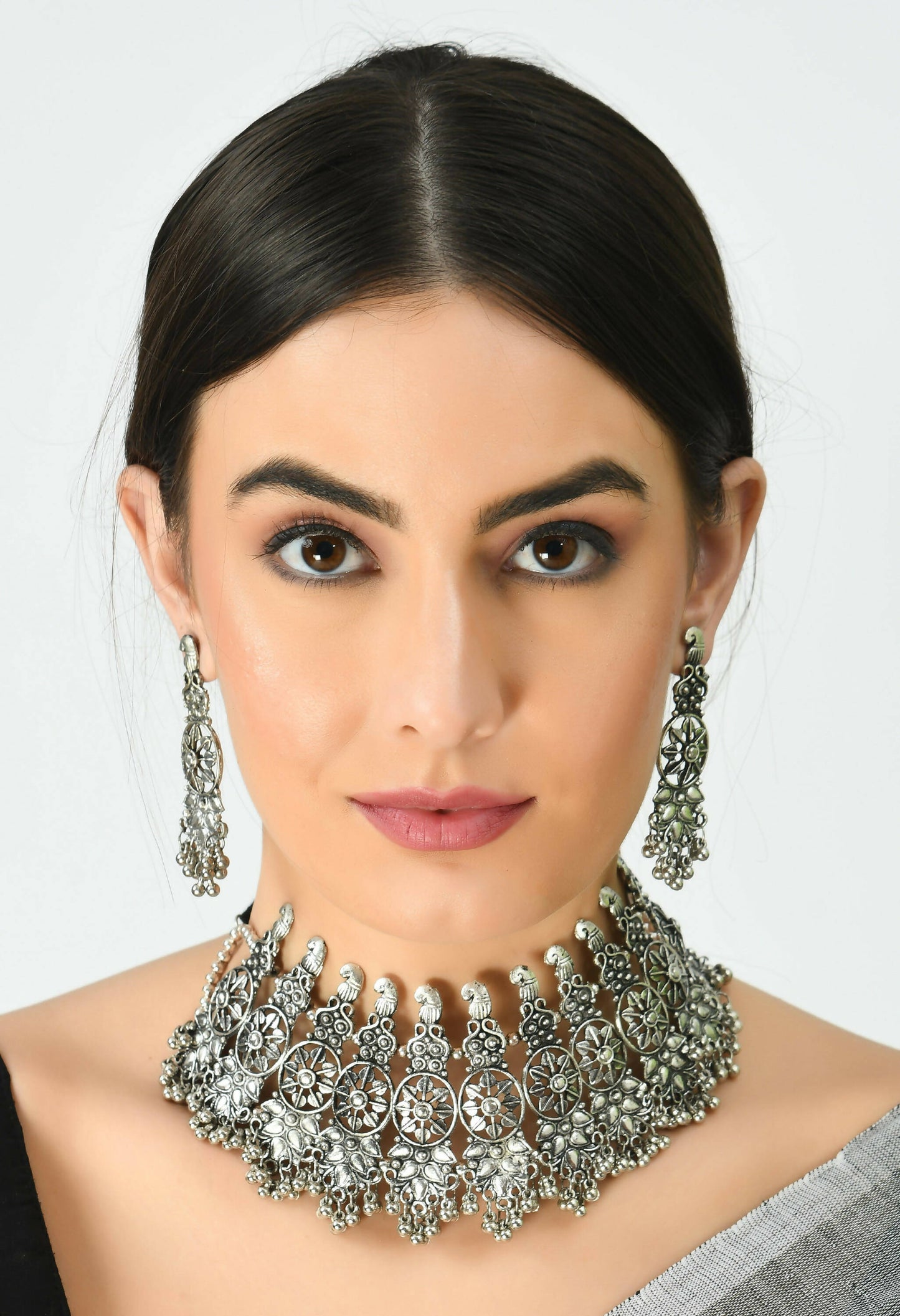 Mominos Fashion Johar Kamal Oxidised Silver-Plated Brass Finish Temple Jewellery with Earrings For Women