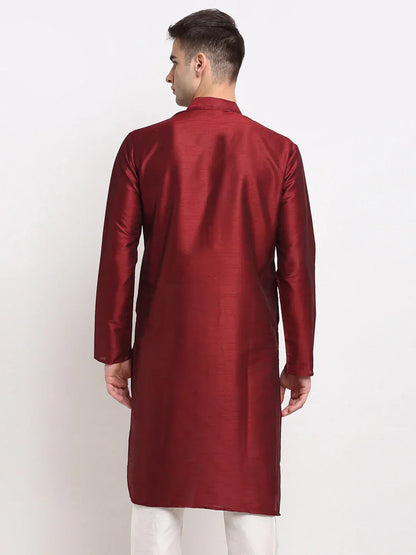 Jompers Men's Maroon Solid Dupion Silk Kurta Only