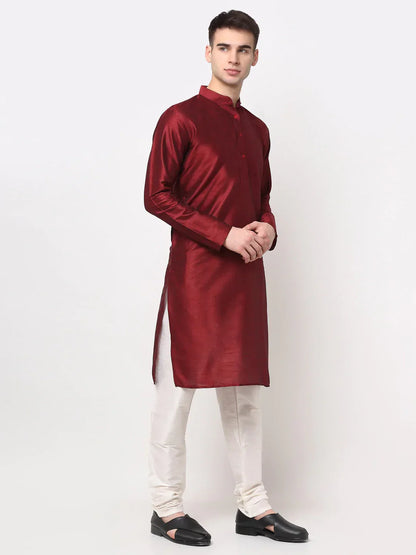 Jompers Men's Maroon Solid Dupion Silk Kurta Only