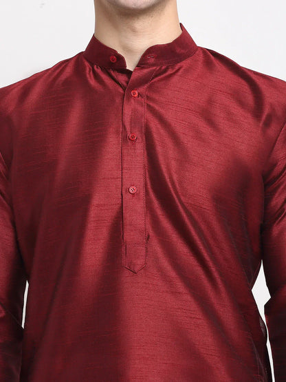 Jompers Men's Maroon Solid Dupion Silk Kurta Only