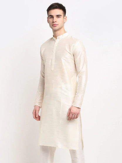 Jompers Men's White Solid Dupion Silk Kurta Only