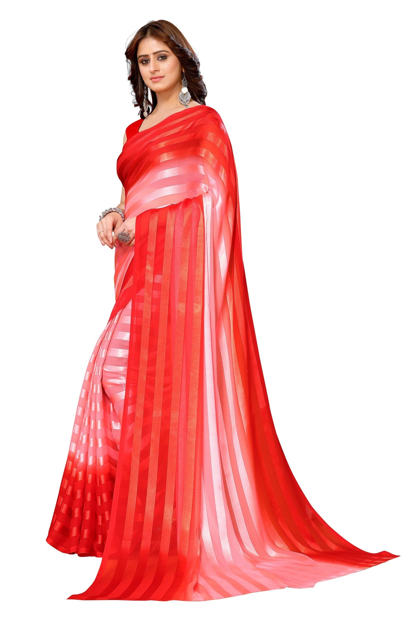 Vamika Georgette Satin Red Desinger Satin Patta Saree