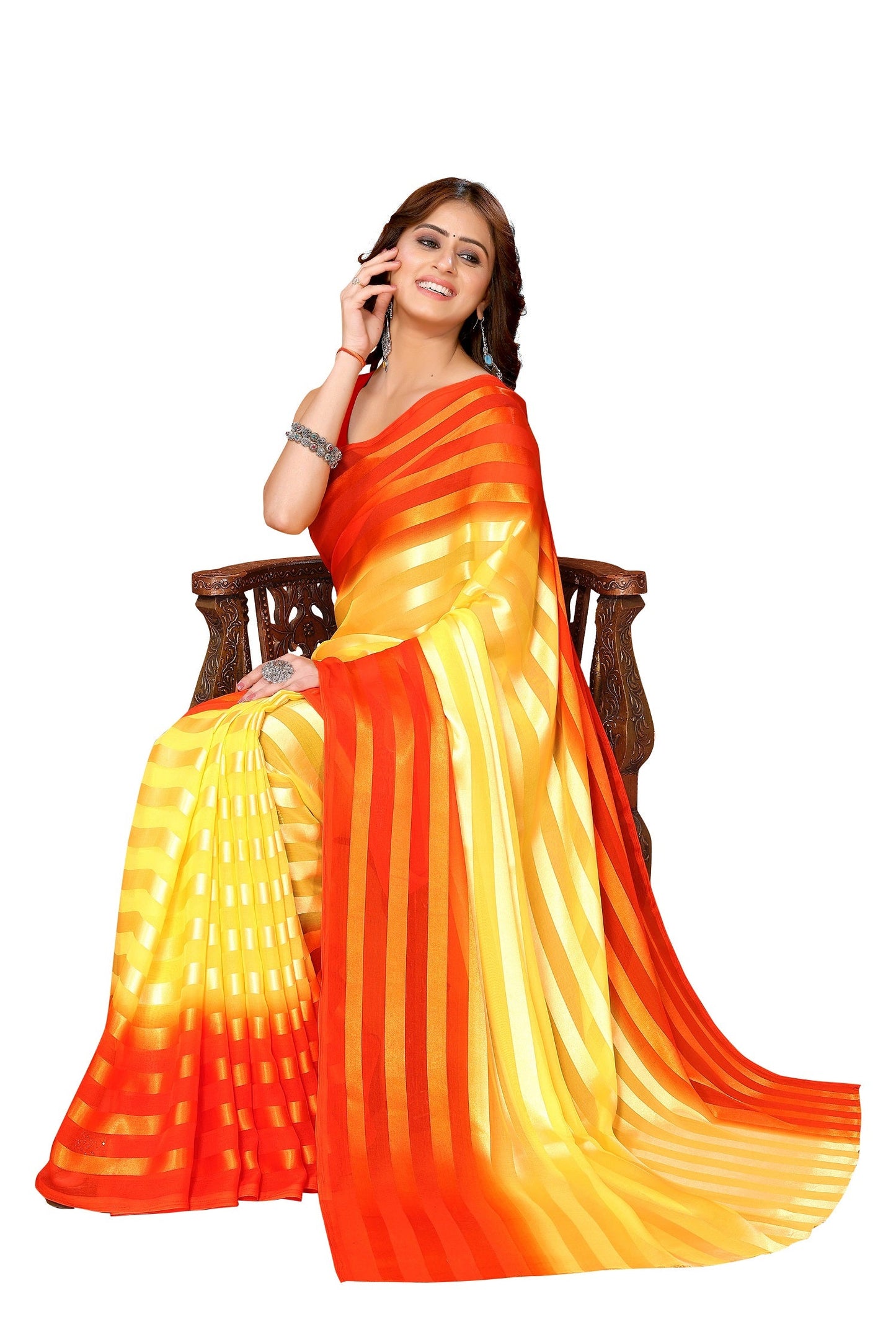 Vamika Georgette Satin Yellow Desinger Satin Patta Saree