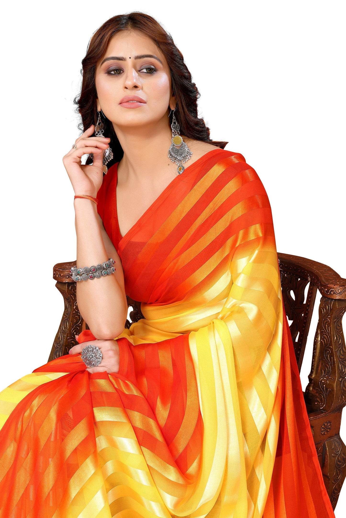 Vamika Georgette Satin Yellow Desinger Satin Patta Saree