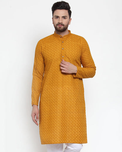 Jompers Men Mustard Chikan Kurta Only