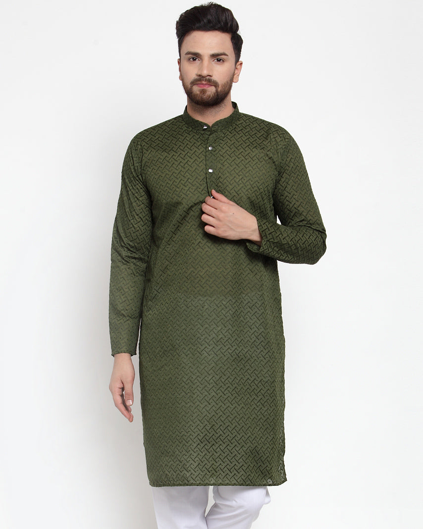Jompers Men Olive Green Chikan Kurta Only