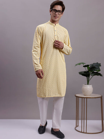Jompers Men's Yellow Chikankari Embroidered and Sequence Kurta