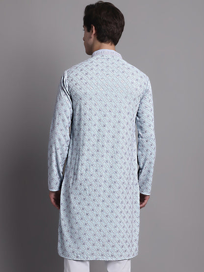 Jompers Men's Blue Chikankari Embroidered and Sequence Kurta