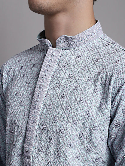 Jompers Men's Blue Chikankari Embroidered and Sequence Kurta