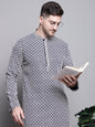 Jompers Men's Sequin Embroidered Pure Cotton Kurta - Navy Blue