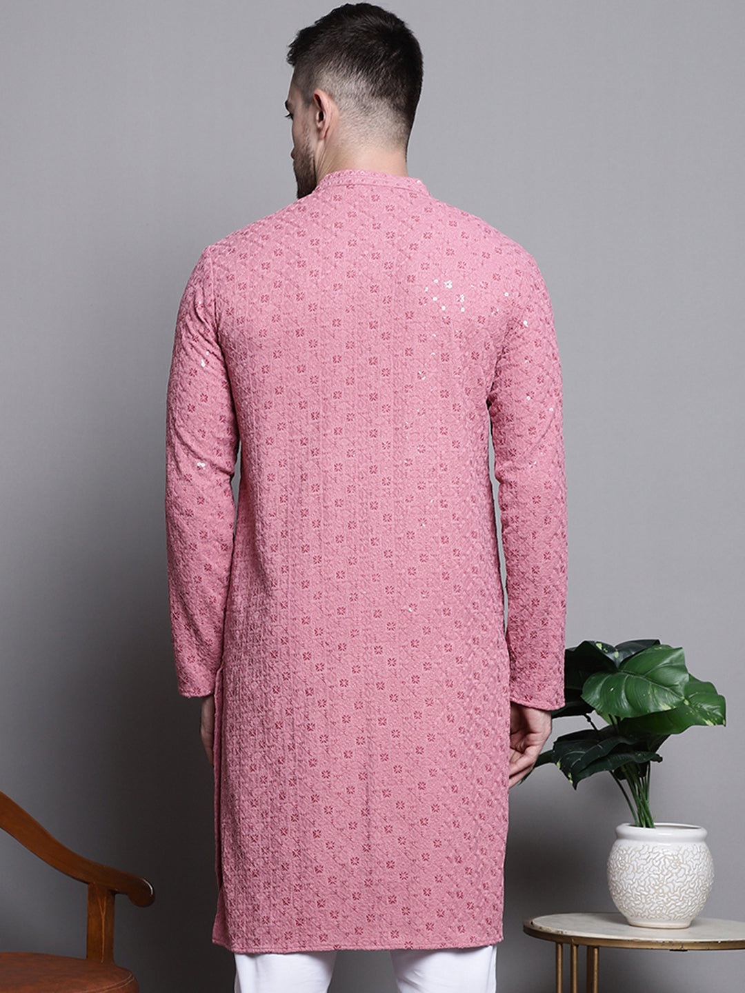 Jompers Men's Sequin Embroidered Pure Cotton Kurta - Coral