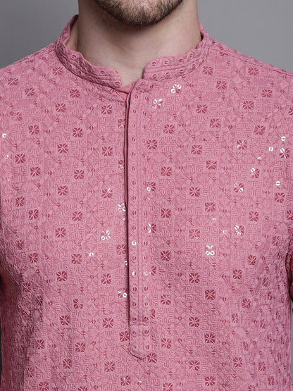 Jompers Men's Sequin Embroidered Pure Cotton Kurta - Coral