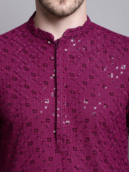 Jompers Men's Sequin Embroidered Pure Cotton Kurta - Purple