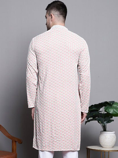 Jompers Men's Sequin Embroidered Pure Cotton Kurta - Peach