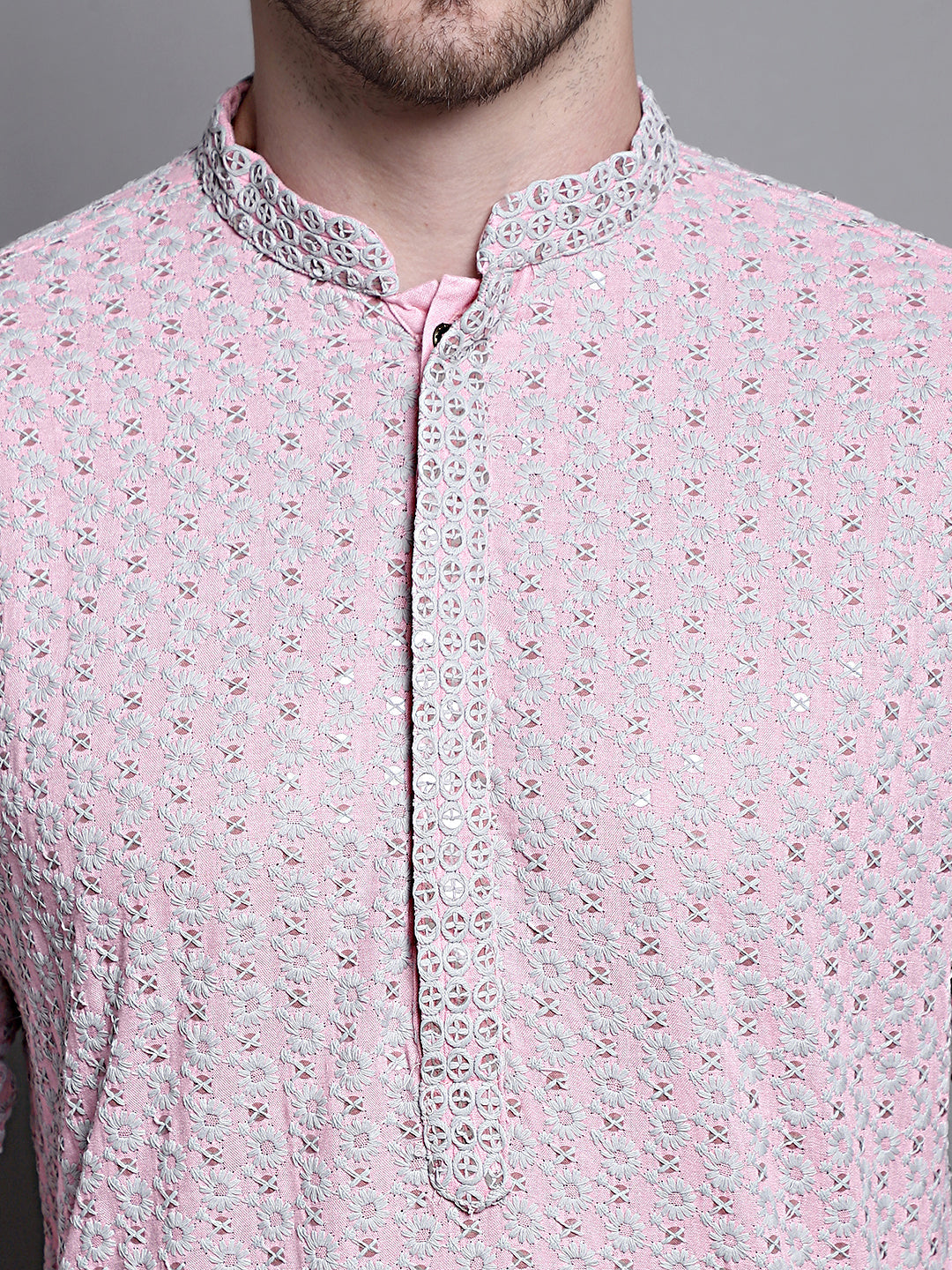 Jompers Men's Sequin Embroidered Pure Cotton Kurta - Pink