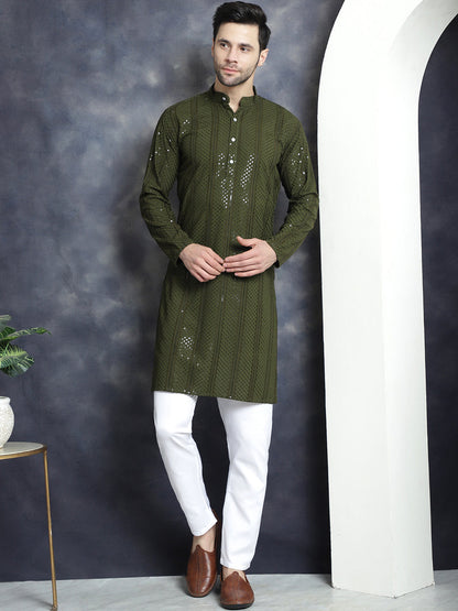 Jompers Men's Sequins Chikankari Embroidered Kurta - Mehndi