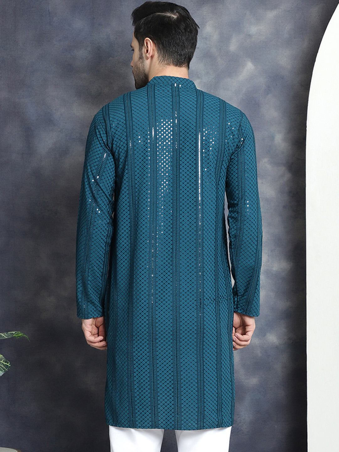 Jompers Men's Sequins Chikankari Embroidered Kurta - Peacock