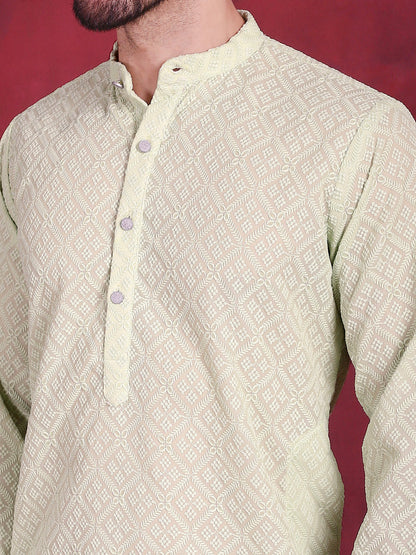 Jompers Men's Chikankari Embroidered Kurta - Pista