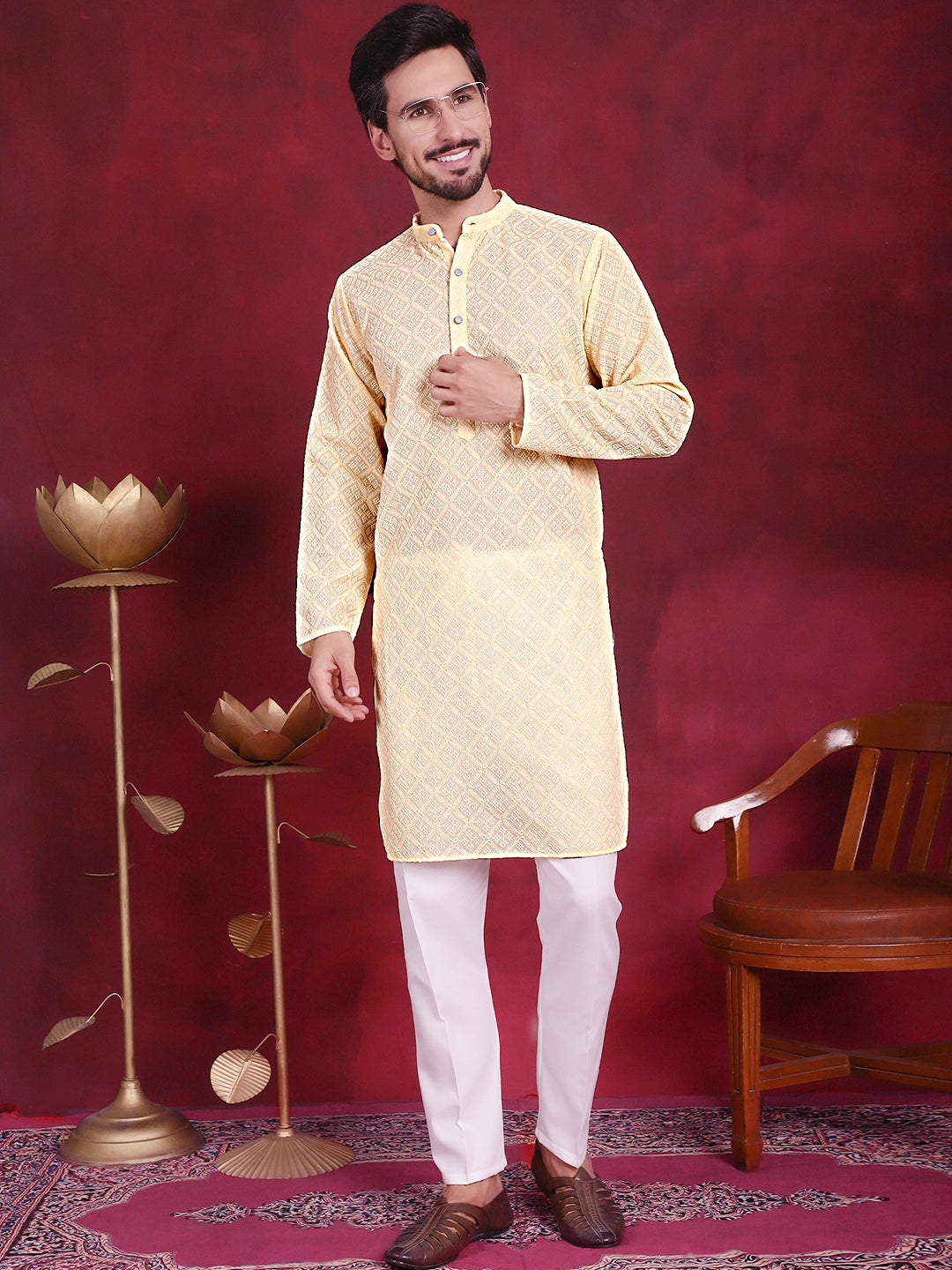 Jompers Men's Chikankari Embroidered Kurta - Yellow