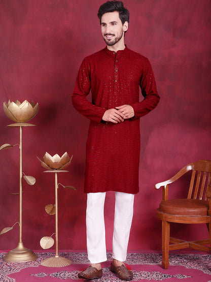 Jompers Men's Sequins Chikankari Kurta - Maroon