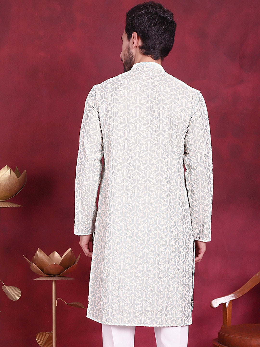 Jompers Men's Chikankari Embroidered Kurta - Pista