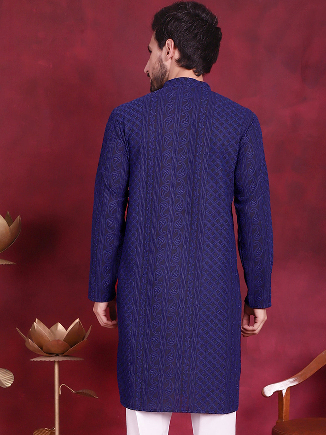 Jompers Men's Chikankari Embroidered Kurta - Navy Blue