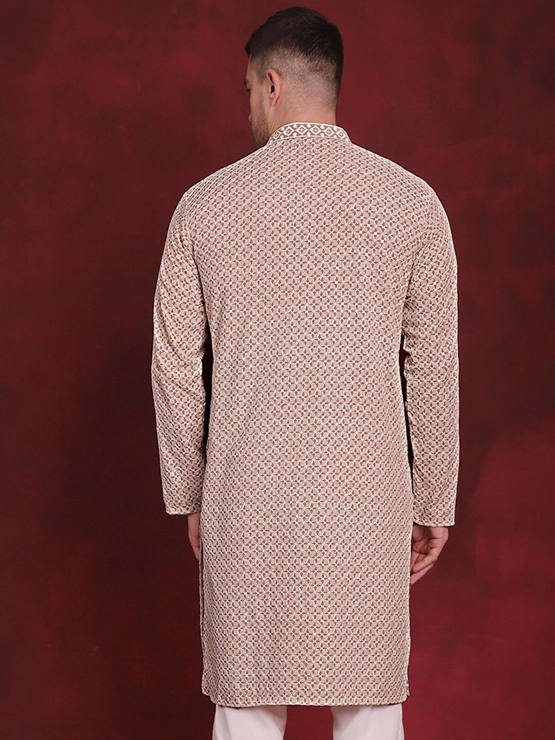 Jompers Men's Sequin Embroidered Pure Cotton Kurta - Beige